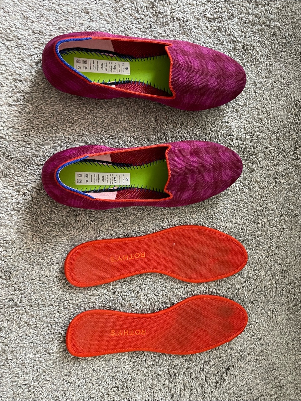 Rothy's Pink/Magenta Slip-On Flats with Orange Insoles
